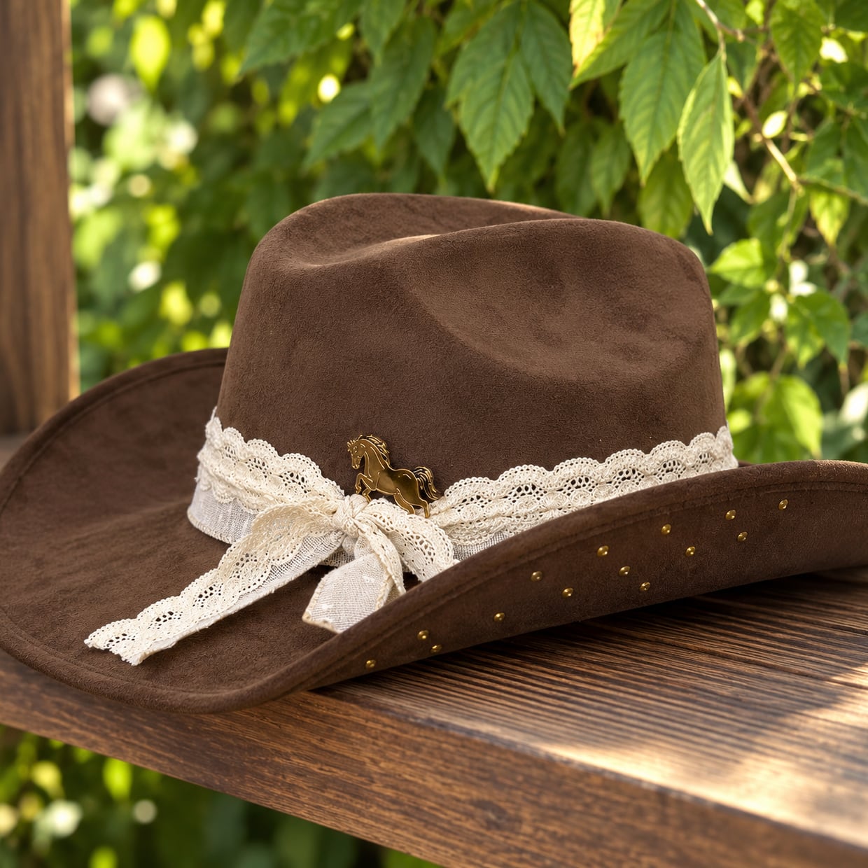 A brown felt hat on a wooden rail with a cream lace band tied in a bow, a brass horse pin and brass studs along the brim